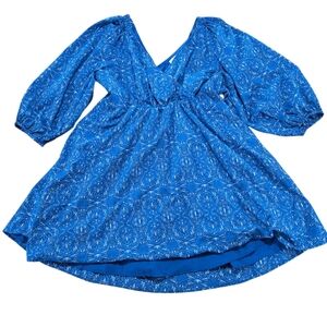 Signature by Reitmans Puff Sleeve Mini Dress Blue Paisley V-Neck Size Women's XL